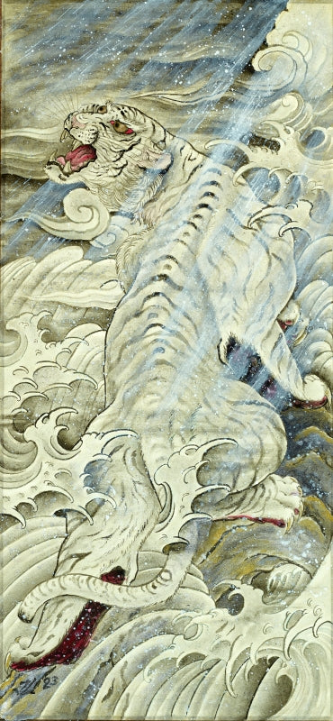 Embark on a visual journey with Floating Picture World's silk scroll original masterpiece by Joel Long. Admire the enthralling tiger against an immaculate Japanese-influenced watercolor backdrop. Uncover the impeccable background shading effects that bring art to life.