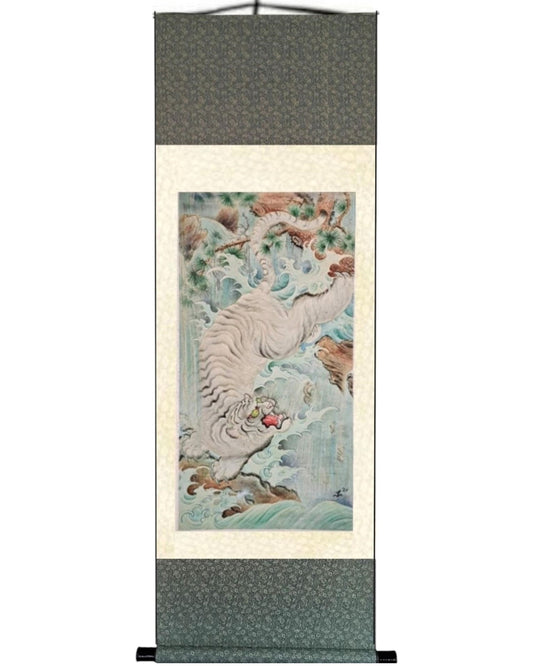 "Explore the enthralling tiger in immaculate background shading with Joel Long's new silk scroll print at Floating Picture World. Watercolor textured tiers create optical illusions with a touch of Japanese influence."