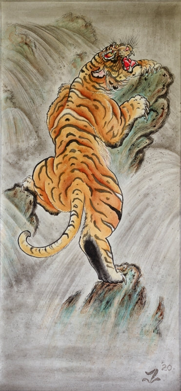 "Immerse yourself in the intricate world of Joel Long's watercolor paintings at Floating Picture World. Witness stunning artwork featuring a prowling tiger with captivating background shading effects on silk scrolls. Discover premium prints and artworks that will add a touch of elegance to your space."