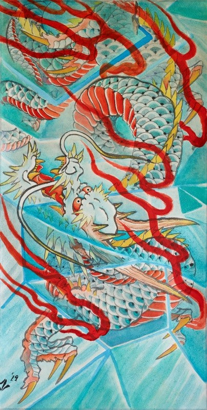 Discover exquisite watercolor paintings by Joel Long at Floating Picture World. Close-up photos of serpentine dragon artwork with captivating background shading effects on silk scrolls, available for art enthusiasts. Explore now!