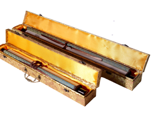 These amazing scroll boxes have been customized to fit each individual scroll.  They are great for storing, transporting, and displaying.  The outer silk brocade is easy on the eye, and the inner compartment is silky smooth to the touch.   