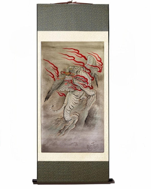 Immerse yourself in the mesmerizing world of silk scroll prints with Floating Picture World's Joel Long collection. Witness the majestic tiger dashing to heaven with a scroll in its mouth against epic background shading layers. Experience art come to life like never before!