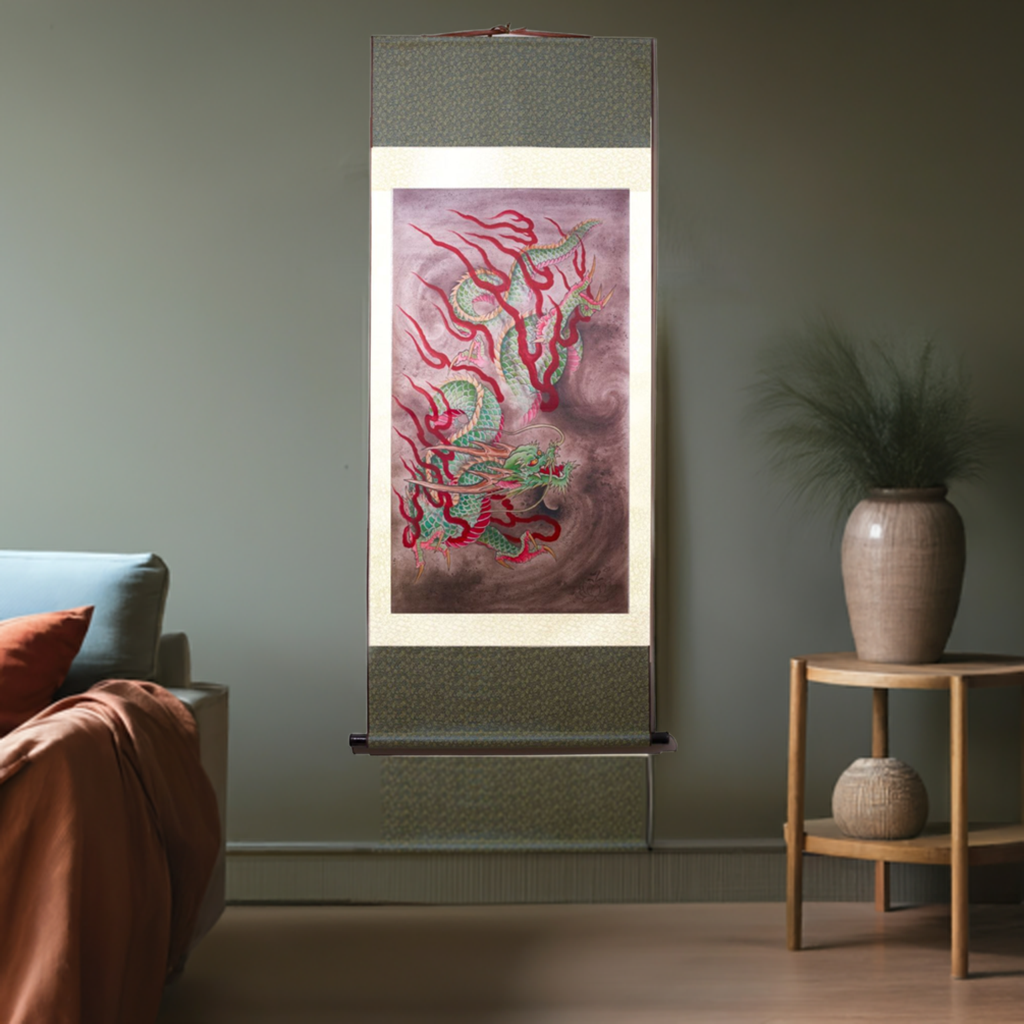 Immerse yourself in the mesmerizing world of artwork with Joel Long's watercolor paintings and background shading effects. Explore the unique fire-breathing dragon silk scroll print at Floating Picture World today!