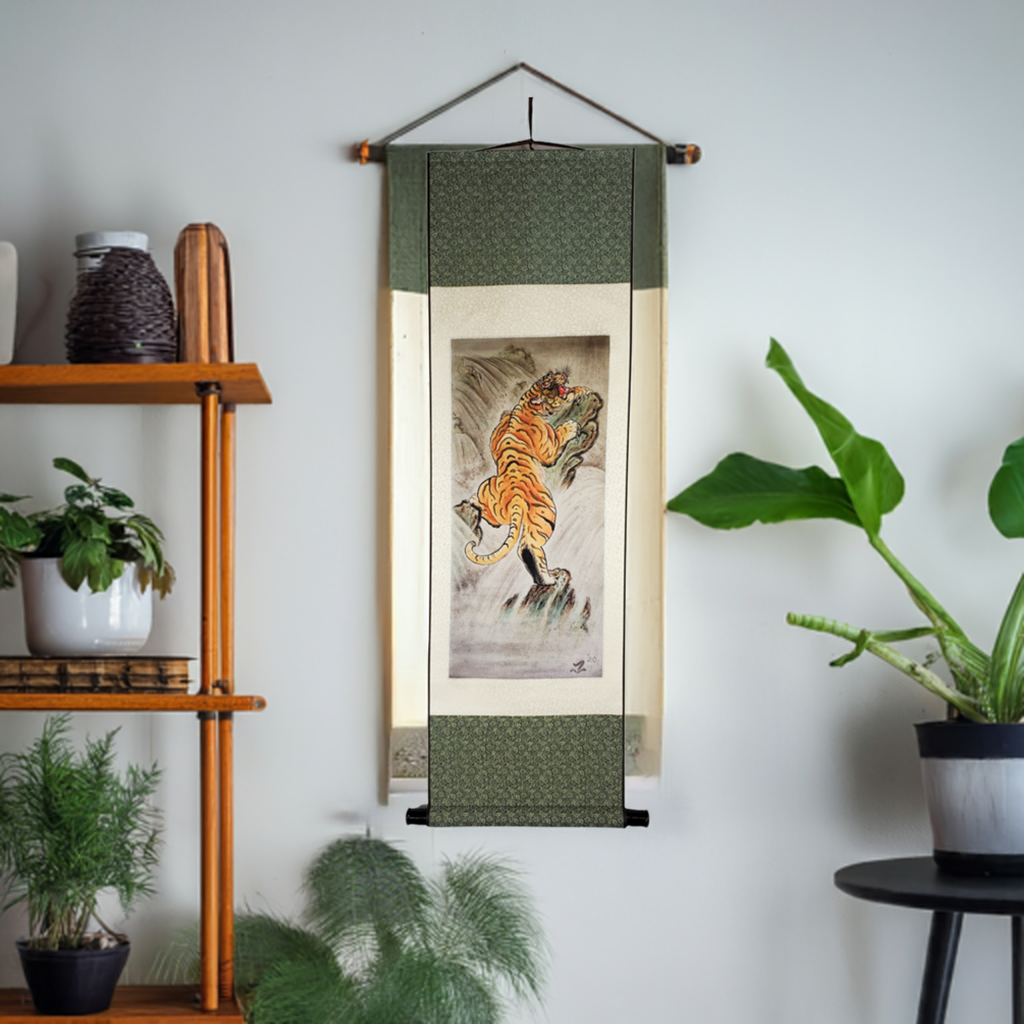 "Immerse yourself in the intricate world of Joel Long's watercolor paintings at Floating Picture World. Witness stunning artwork featuring a prowling tiger with captivating background shading effects on silk scrolls. Discover premium prints and artworks that will add a touch of elegance to your space."