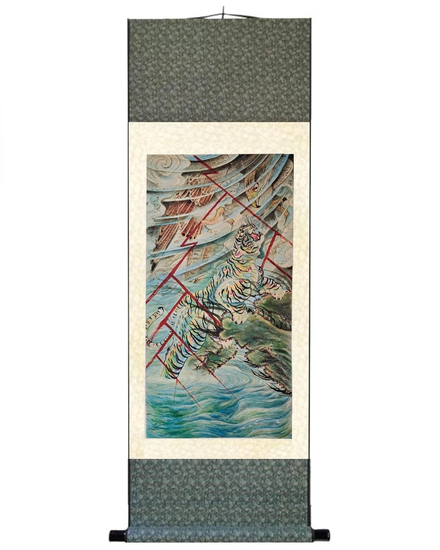 Discover the breathtaking "Roar of the Sky" silk scroll print, a mesmerizing new addition to our collection by artist Joel Long. Featuring intricate watercolor details and multiple layered background shading creations. Dive into a world of artistry at Floating Picture World today!