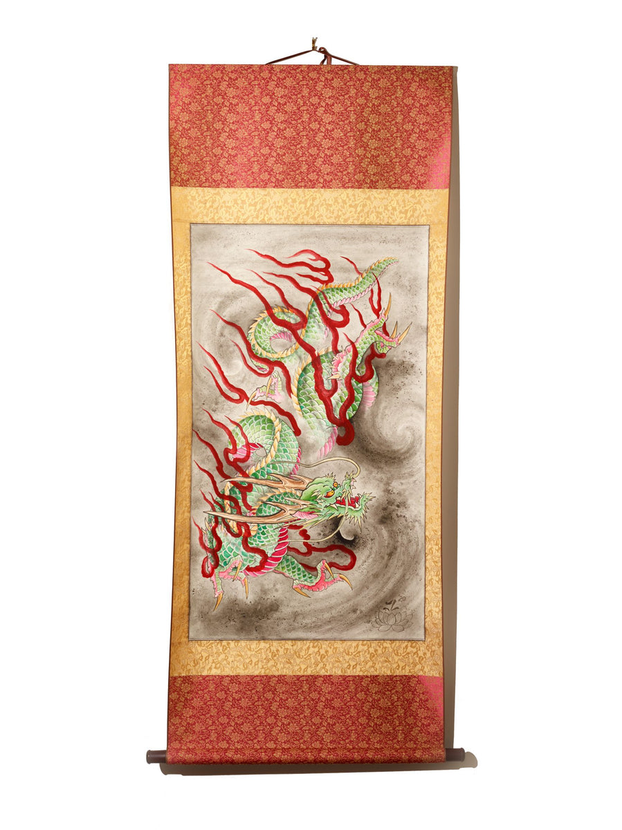 This amazing watercolor painting of a fire breathing dragon was influenced by Japanese artwork.  The artist has recreated what he envisioned, and has painted it on this awesome authentic silk scroll.  This fascinating painting displays many vibrant colors