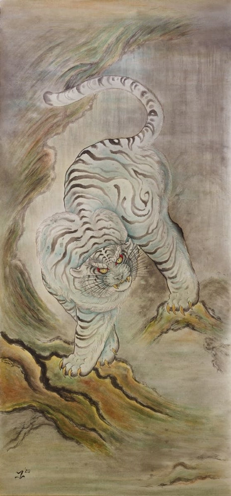 "Discover the mesmerizing original painting of a Territorial Tiger by Joel Long at Floating Picture World. Explore the intricate watercolor paintings with stunning background shading effects. Dive into a world of artistry!"