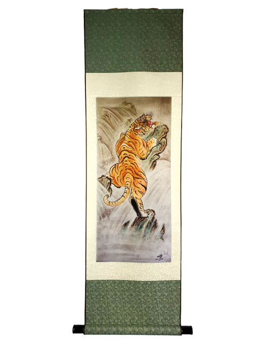 "Immerse yourself in the intricate world of Joel Long's watercolor paintings at Floating Picture World. Witness stunning artwork featuring a prowling tiger with captivating background shading effects on silk scrolls. Discover premium prints and artworks that will add a touch of elegance to your space."