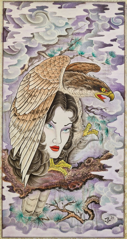 "Experience the exquisite beauty of Joel Long's original silk scroll painting titled Lady & Hawk at Floating Picture World. His watercolor paintings with stunning background shading effects are a true masterpiece."