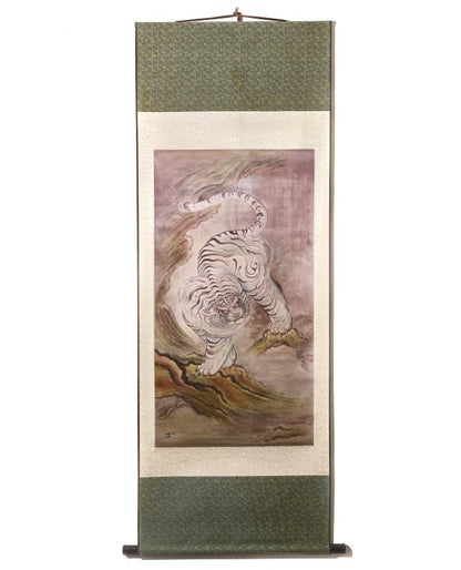 "Explore Floating Picture World's exquisite territorial tiger prints and paintings on silk scrolls by renowned artist Joel Long. Each artwork features intricate watercolor techniques and captivating background shading effects."