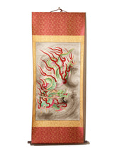 Load image into Gallery viewer, This amazing fire breathing dragon was influenced by Japanese inspired artwork.  The artist has recreated what he envisioned, and has painted it on this awesome authentic scroll.  This painting displays many vibrant colors of an unbelievable dragon contouring his body while flying through the sky.
