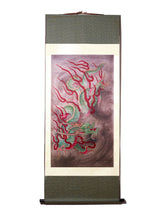 Load image into Gallery viewer, The artist has recreated this fire breathing dragon with intricate layers of shading.  The tranquilizing colors used in contrast bring this beast to life and is perfectly illustrated on this silk scroll.  It&#39;s graphic features and details show the expertise of the artist.
