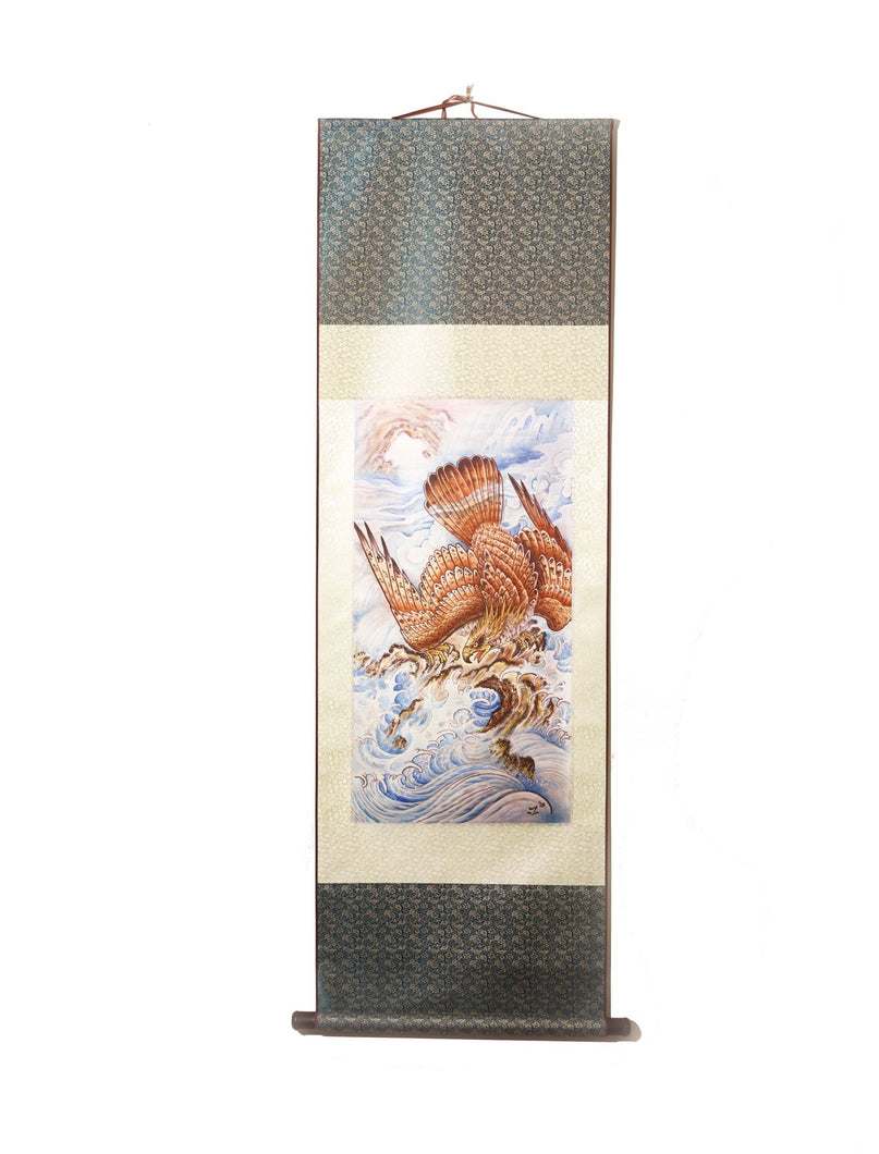 This inspired silk scroll print was created by a hand pointed to opportunity. As the eagle soars through the skies, he surveys the waters below searching for his next meal. The breathtaking colors depict the many situations he may encounter which will keep you wondering about his next move. 