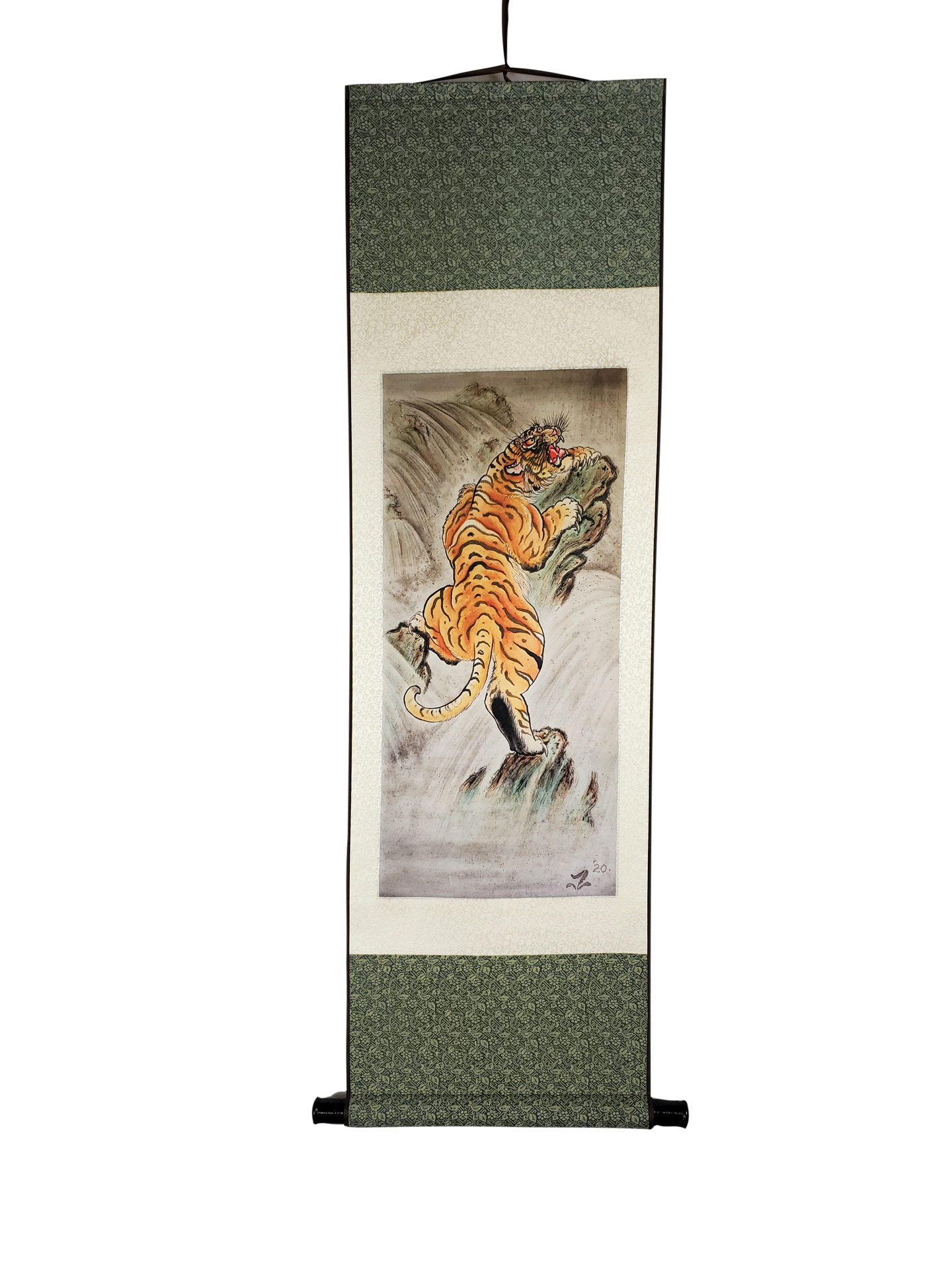 This amazing carnivorous tiger is climbing fast and furious to the top of the cliff to survey his surroundings. His long strides and spring like legs are ready to pounce, as he glances side to side in search of his next prey. This Japanese themed tiger scroll was influenced by Asian artwork.