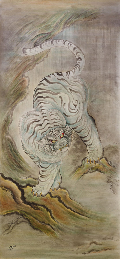 "Discover the mesmerizing original painting of a Territorial Tiger by Joel Long at Floating Picture World. Explore the intricate watercolor paintings with stunning background shading effects. Dive into a world of artistry!"