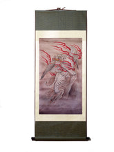 Load image into Gallery viewer, This stunning silk scroll print was influenced by traditionally themed Asian artwork.  It depicts an energized tiger dashing to the kingdom above, as you look into his eyes you can see he&#39;s on a mysterious mission.  He chomps down securing the scroll of life, as he vigorously darts for the heavens.  Inspired by Asian artwork. 
